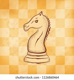 Horse - chess piece on aged yellowed checkered background. Hand drawn sketch in vintage engraving style. Vector illustration