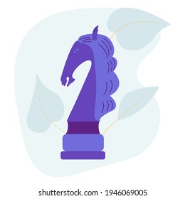 Horse chess piece. Vector flat colorful isolated illustration. Abstract blue stain and leaves on background. Chessman