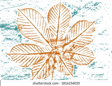 Horse Chestnut Leaf on Grunge Background Vintage Print Style Template for Autumn Fall Decoration - Rusty Orange on Turquoise Backdrop - Vector Stamp Graphic Design