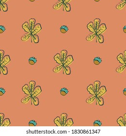 Horse chestnut leaves and conkers seamless vector pattern. Autumnal surface print design for fabrics, stationery, scrapbook paper, gift wrap, textiles, and packaging.