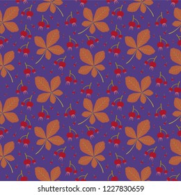 Horse chestnut leaves and Hawthorn berries seamless pattern, random repeat, vector background