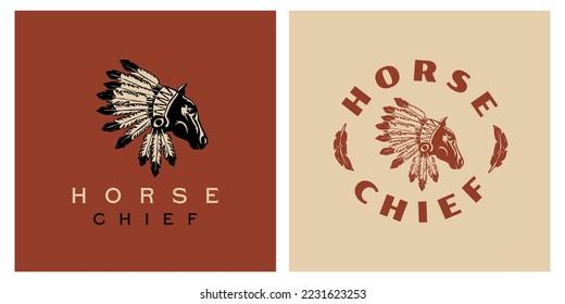Horse chief with war bonnet native american logo brand design