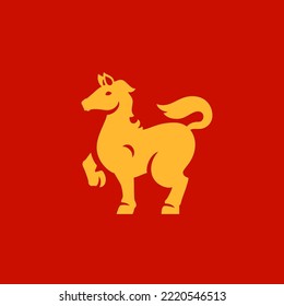 Horse Chinese New Year lucky symbol golden monochrome icon vector flat illustration. Mustang pony standing with raising hoof horoscope lunar zodiac minimalist logo fortune stallion badge