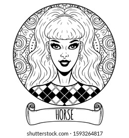 Horse Chinese zodiac sign artwork as beautiful girl, adult coloring book page, vector illustration