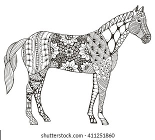 Horse chinese zodiac sign zentangle stylized, vector illustration, pattern, freehand pencil, hand drawn. Zen art. Ornate. Lace. 