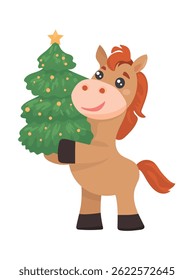 Cavalo com uma árvore de Natal, Ano do Cavalo. Vetor plano, ilustração clipart isolada no fundo branco.