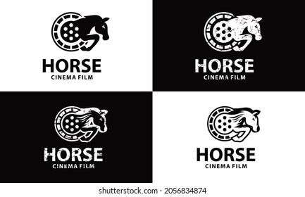 Horse cinema Film strip icon Logo design  Rustic vector template illustration on a black and white background.