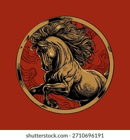 Caballo en el Vector de dibujo de estilo de eclosión de marco de oro circular
