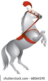 Horse circus performance, white circus horse with plumage and decorations, vector illustration