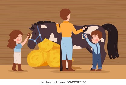 Horse cleaning and brushing scenery on farm or racetrack. Man and children caring for horses, flat vector illustration. Equestrian club and horse grooming scene.