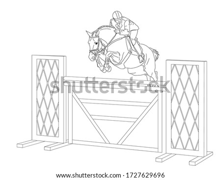 Horse clears a jump through a high obstacle during a show jumping competition