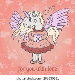 Horse in clothes with heart. Funny children's vector illustration. Poster with a cute pony