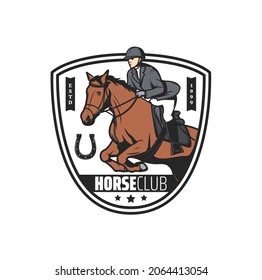 Horse club icon, polo or jockey riding sport races, vector emblem. Polo jockey sport, horse racing and equine steeplechase or equestrian rides tournament on hippodrome, horseshoe sign