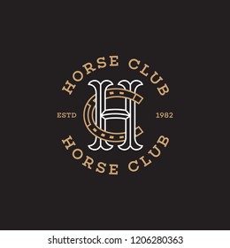 Horse club monogram with letter h and letter c stylized as horseshoe in linear style. Vector illustration.