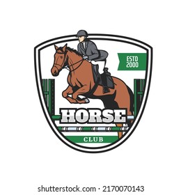 Horse club retro icon jockey on stallion jumping over obstacle. Equestrian sport professional competition vector badge or emblem. Horse jump show sport club retro icon or sticker