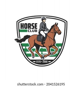 Horse club vector icon with jockey and horse on equestrian sport arena. Horseback rider with equine harness, saddle and bridle, jockey helmet and boots, horse racing, jumping and dressage competition