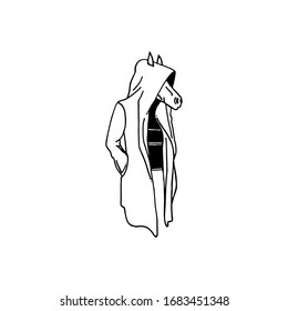 Horse in coat. Hand drawn black vector sketch, design for apparel. Vector illustration, isolated on white background
