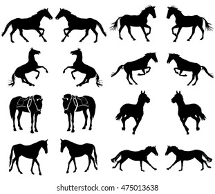 Horse collection - vector silhouette isolated on white background. Horse at jumping. 