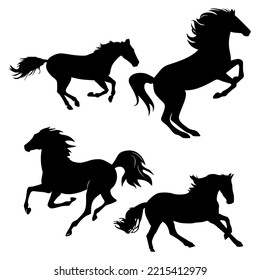 Silueta vectorial de colección de caballos, 
silueta de caballos salvajes
