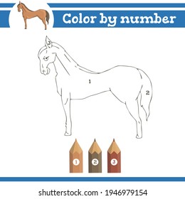 Horse Color by numbers. Coloring page for preschool children. Learn numbers for kindergartens and schools. Educational game.