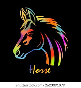 Cabeza de caballo coloreado objeto sobre un fondo negro. Nuevo año 2026. dibujo a mano. IA no, Ilustración vectorial.