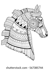 Horse coloring book vector illustration. Anti-stress coloring book for adult. Tattoo stencil. Black and white lines. Lace pattern