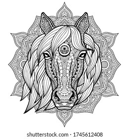 Horse. Coloring is hand-drawn in the style of Zentangle, Doodle. Full face illustration animal's head black lines on a white background. Ethnic ornaments Indian, Mexican. Vector abstract background