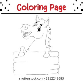 Horse coloring page for kids. Farm animals. Black and white vector illustration for coloring book