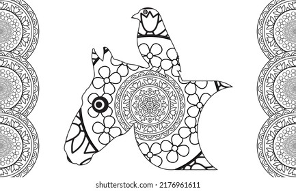 Horse coloring pages for adults . Birds are sitting on horseback. Hand drawn animal coloring page