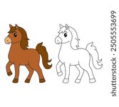 Horse coloring pages for kids. Trace and color horse. Coloring page outline of cute horse. Horse tracing worksheet. Kindergarten and preschool activity.