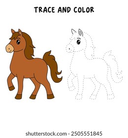 Horse coloring pages for kids. Trace and color horse. Coloring page outline of cute horse. Horse tracing worksheet. Kindergarten and preschool activity.