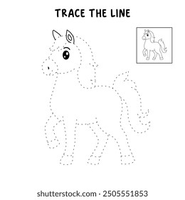 Horse coloring pages for kids. Trace and color horse. Coloring page outline of cute horse. Horse tracing worksheet. Kindergarten and preschool activity.