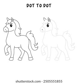 Horse coloring pages for kids. Trace and color horse. Coloring page outline of cute horse. Horse tracing worksheet. Kindergarten and preschool activity.