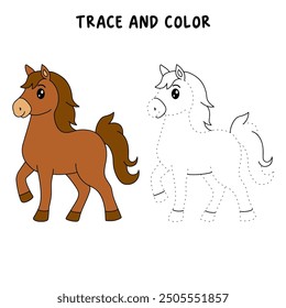 Horse coloring pages for kids. Trace and color horse. Coloring page outline of cute horse. Horse tracing worksheet. Kindergarten and preschool activity.