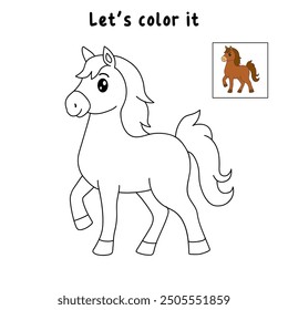 Horse coloring pages for kids. Trace and color horse. Coloring page outline of cute horse. Horse tracing worksheet. Kindergarten and preschool activity.