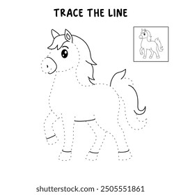 Horse coloring pages for kids. Trace and color horse. Coloring page outline of cute horse. Horse tracing worksheet. Kindergarten and preschool activity.