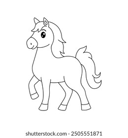 Horse coloring pages for kids. Trace and color horse. Coloring page outline of cute horse. Horse tracing worksheet. Kindergarten and preschool activity.