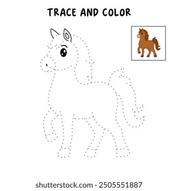 Horse coloring pages for kids. Trace and color horse. Coloring page outline of cute horse. Horse tracing worksheet. Kindergarten and preschool activity.