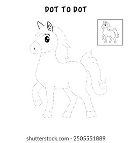 Horse coloring pages for kids. Trace and color horse. Coloring page outline of cute horse. Horse tracing worksheet. Kindergarten and preschool activity.