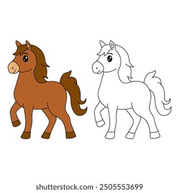 Horse coloring pages for kids. Trace and color horse. Coloring page outline of cute horse. Horse tracing worksheet. Kindergarten and preschool activity.