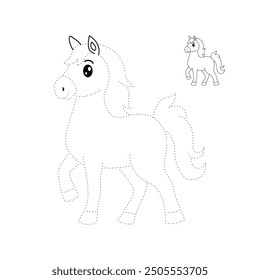 Horse coloring pages for kids. Trace and color horse. Coloring page outline of cute horse. Horse tracing worksheet. Kindergarten and preschool activity.