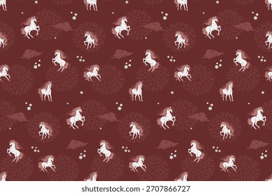 Patrón inconsútil colorido del caballo. Diferentes caballos, flores y flores en la espalda roja. Símbolo del año del caballo de fuego 2026. Vector de fondo