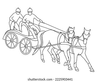 Horse combined driving, Harness racing, horse pair carriage, marathon,  vector pony silhouette, equestrian sport, isolated on white background, harness line art. traditional transportation