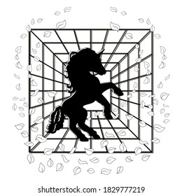 Horse concept and cobweb outline, tunnel and mesh, and creative outline drawing of mythical unicorn in the center and swirl leaves for decoration