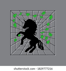Horse concept and spider web or mesh outline on gray background and creative outline drawing of mythical unicorn in the center in swirl of green leaves for design