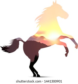 Horse with coniferous trees on the background of mountains and colorful sky. 