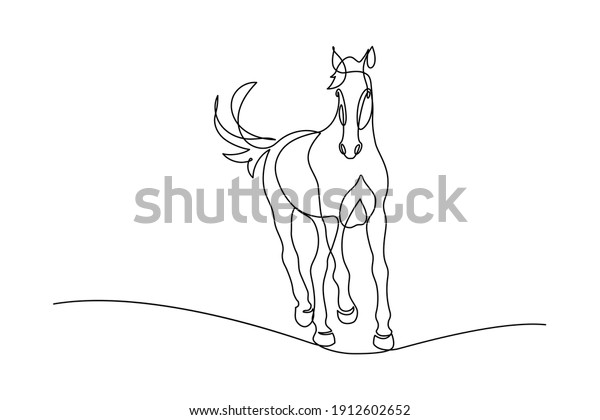 Horse in continuous line art drawing style.\
Graceful horse running black linear sketch isolated on white\
background. Vector\
illustration