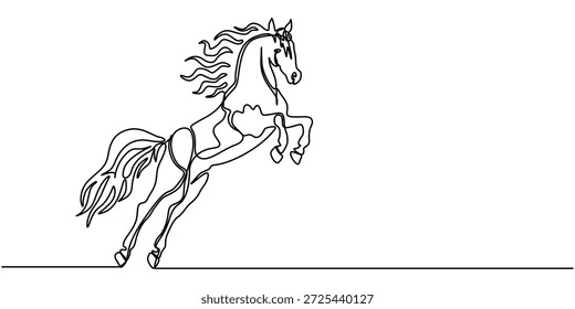 Dibujo continuo de una línea de caballo, Estilo minimalista lineal de caballo, Dibujo continuo de una línea de un caballo con zancada, que representa la libertad y la gracia, Ilustración vectorial de estilo de arte de línea. 