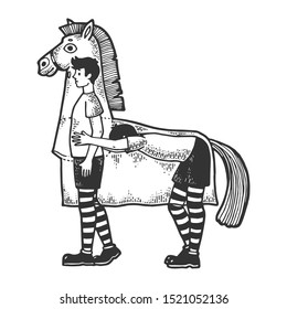 Horse costume in theater sketch engraving vector illustration. Tee shirt apparel print design. Scratch board style imitation. Black and white hand drawn image.