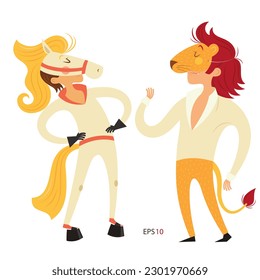 Horse costumes actors. Circus cartoon illustration.